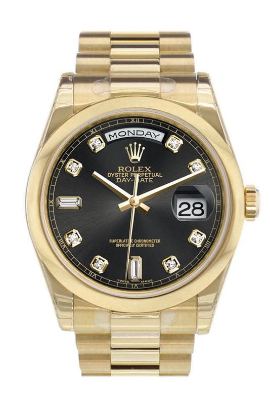 ROLEX 118208 Day Date 36 Black Dial President Yellow Gold Watch
