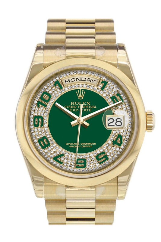 patrulje Pick up blade Endeløs ROLEX 118208 Day-Date 36 Green Diamond Dial President Yellow Gold Watch |  WatchGuyNYC