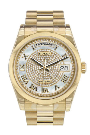Rolex Day-Date 36 White Mother Of Pearl Diamonds Paved Dial President Yellow Gold Watch 118208
