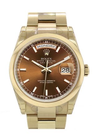 Rolex Day-Date 36 Cognac Dial Yellow Gold Watch 118208