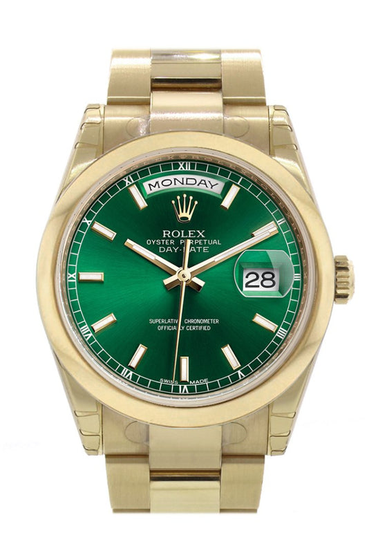 ROLEX 118208 Day Date 36 Green Dial Yellow Gold Watch WatchGuyNYC