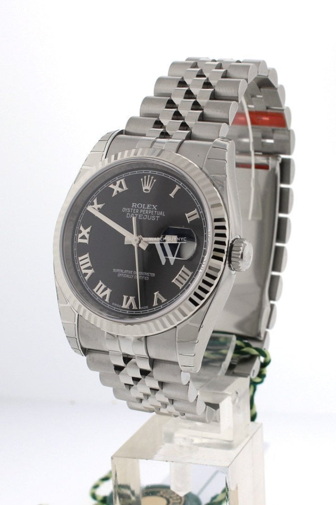 Rolex Datejust 36 Black Roman Dial Fluted Bezel Jubilee Mens Watch 116234