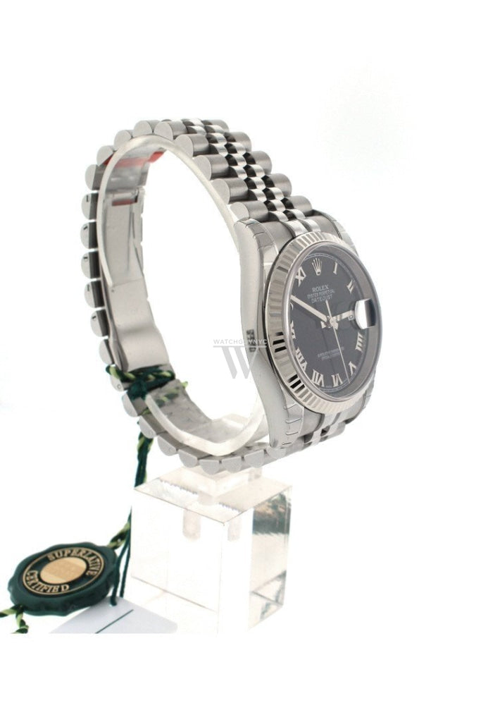 Rolex Datejust 36 Black Roman Dial Fluted Bezel Jubilee Mens Watch 116234
