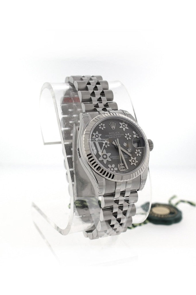 Rolex Datejust 31 Dark Rhodium Floral Motif Dial White Gold Fluted Bezel Jubilee Ladies Watch 178274