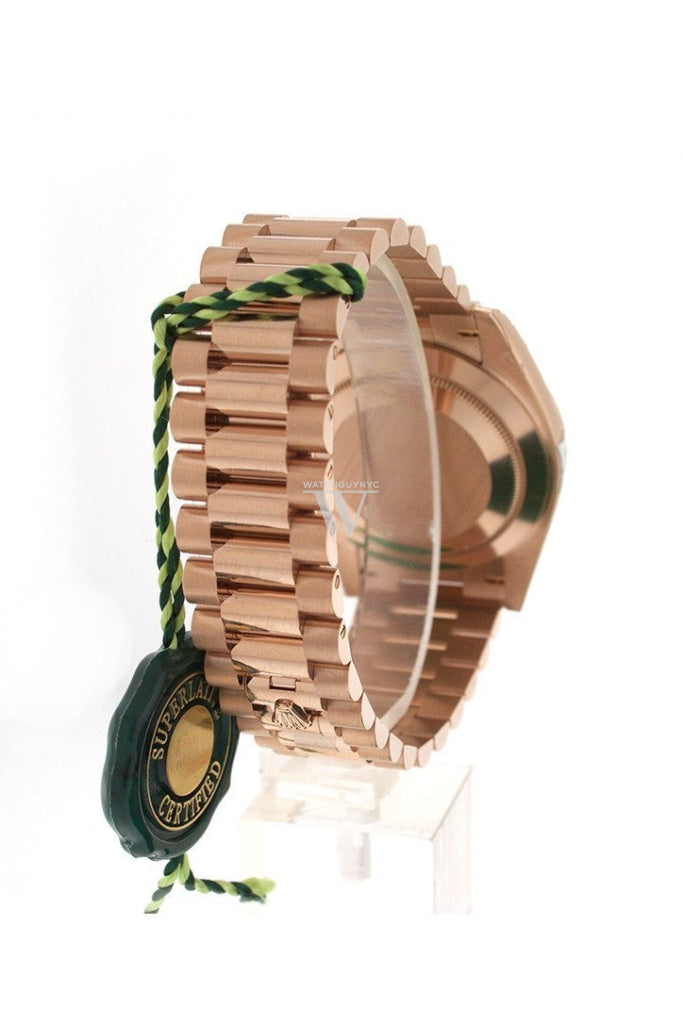 Rolex Day-Date 40 Olive Green Roman Dial Fluted Bezel 18K Everose Gold President Automatic Mens