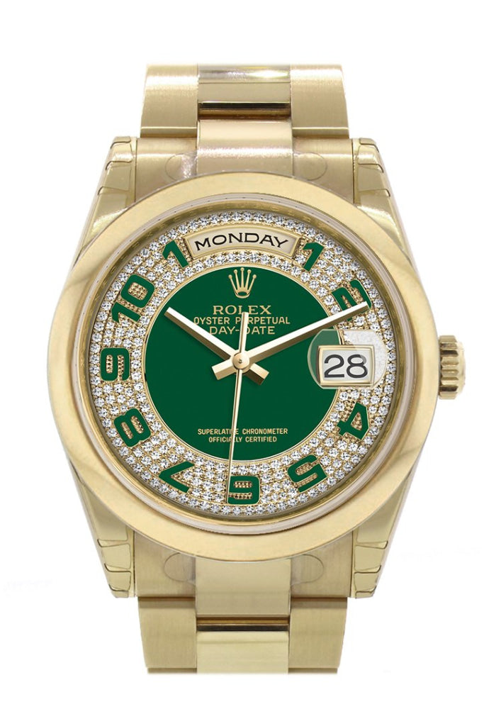 ROLEX 118208 Day Date 36 Green Diamonds Roman Dial Yellow Gold