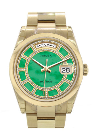 ROLEX 118208 Day Date 36 Carousel Green Jade Diamonds Roman Dial Yellow Gold Watch WatchGuyNYC