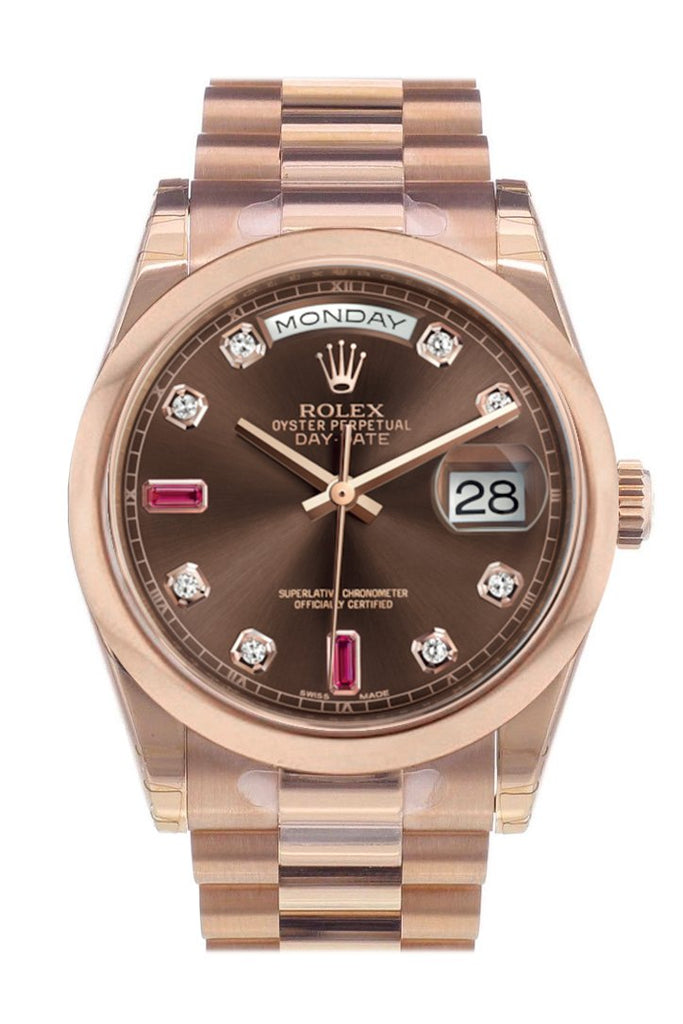 Rolex Day-Date 36 Chocolate Diamonds And Rubies Dial President Everose Gold Watch 118205