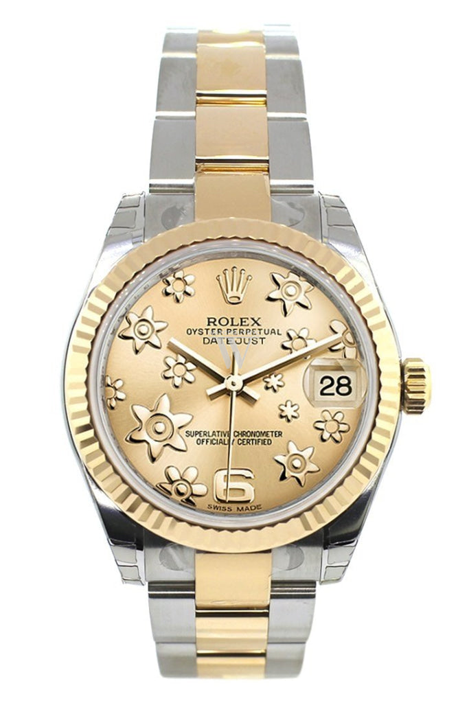 Rolex Datejust 31 Champagne Floral Motif Roman Dial Fluted Bezel 18K Gold Two Tone Ladies 178273