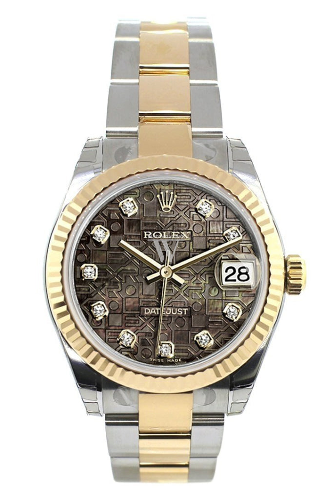 Rolex Datejust 31 Black Mother Of Pearl Jubilee Diamonds Dial Fluted Bezel 18K Gold Two Tone Ladies