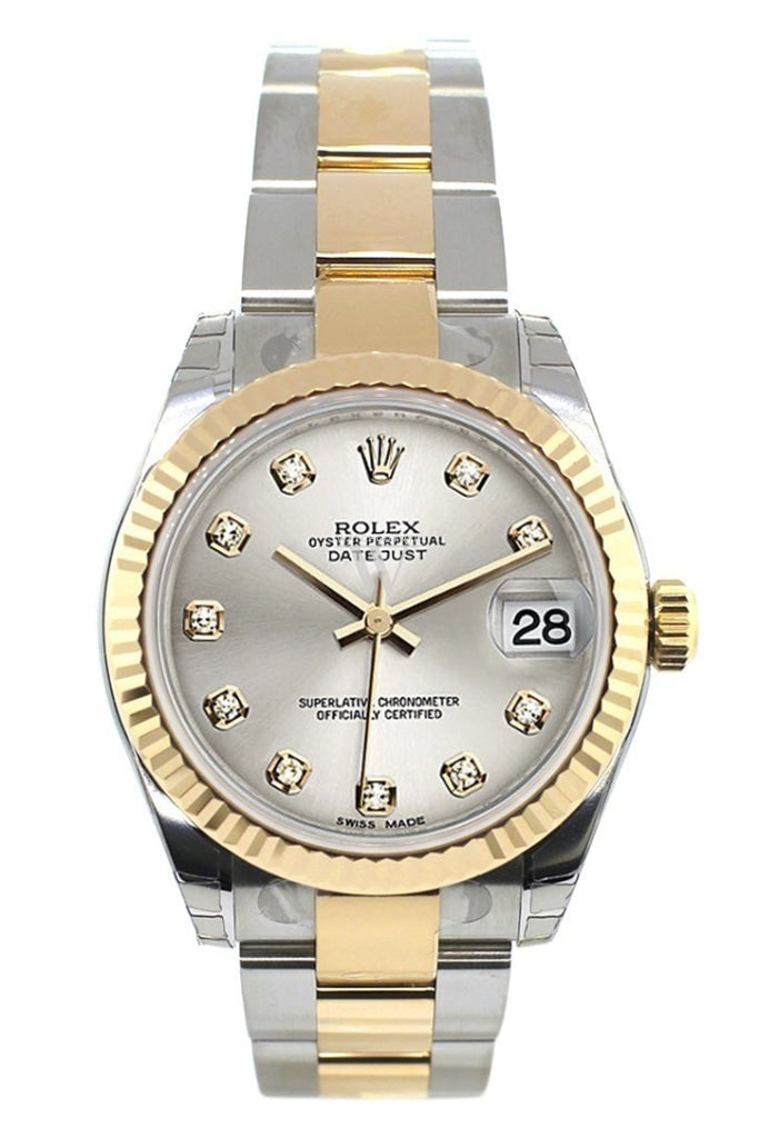 Rolex Datejust 31 Silver Diamond Dial Fluted Bezel 18K Gold Two Tone Ladies 178273 Watch