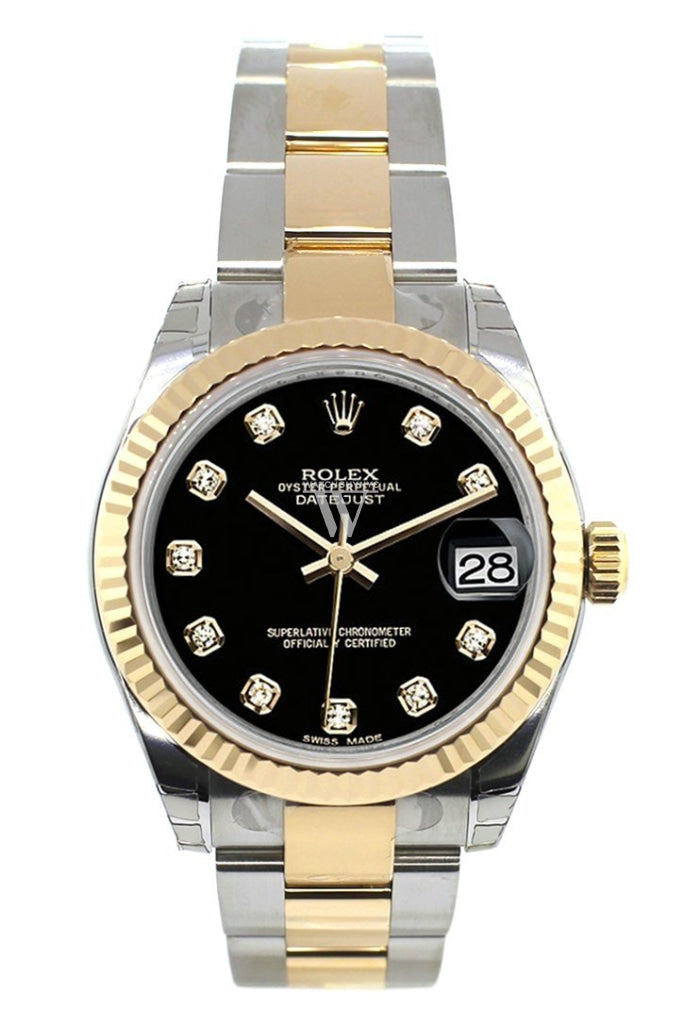 Rolex Datejust 31 Black Diamond Dial Fluted Bezel 18K Gold Two Tone Ladies 178273 Watch