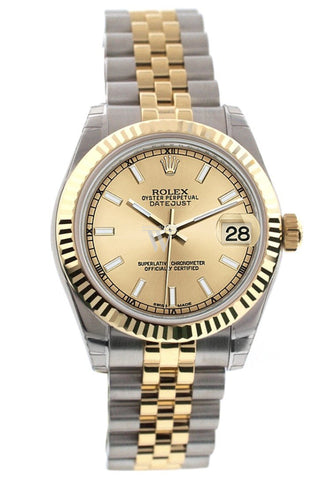 Rolex Datejust 31 Champagne Dial Fluted Bezel 18K Gold Two Tone Jubilee Ladies Watch 178273