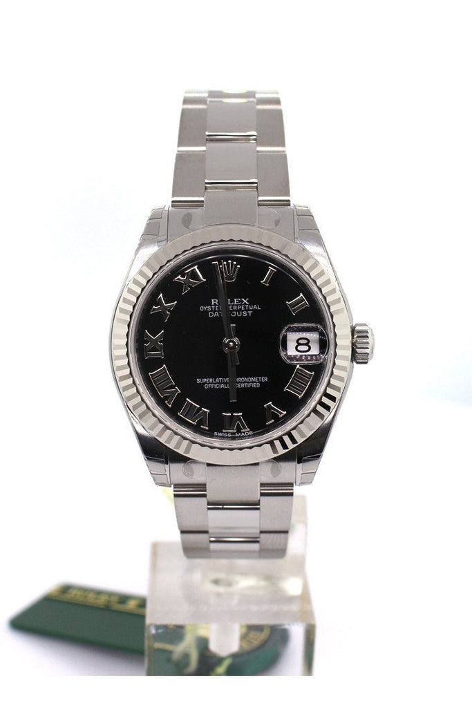 Rolex Datejust 31 Black Roman Dial 18K White Gold Fluted Bezel Ladies Watch 178274