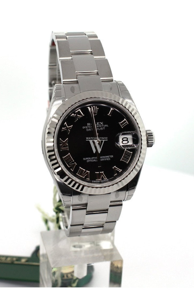 Rolex Datejust 31 Black Roman Dial 18K White Gold Fluted Bezel Ladies Watch 178274