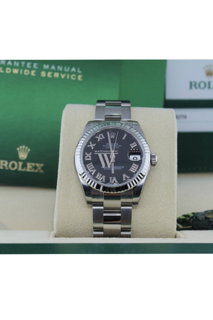 Rolex Datejust 31 Black Roman Dial 18K White Gold Fluted Bezel Ladies Watch 178274