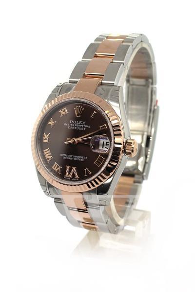 Rolex Datejust 31 Chocolate Roman Large Vi Set With Diamond Dial Fluted Bezel 18K Rose Gold Two Tone