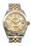 Rolex Datejust 31 Champagne Floral Motif Roman Dial Fluted Bezel 18K Gold Two Tone Jubilee Ladies