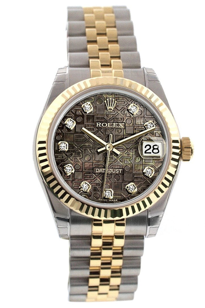 Rolex Datejust 31 Black Mother Of Pearl Jubilee Diamonds Dial Fluted Bezel 18K Gold Two Tone Ladies