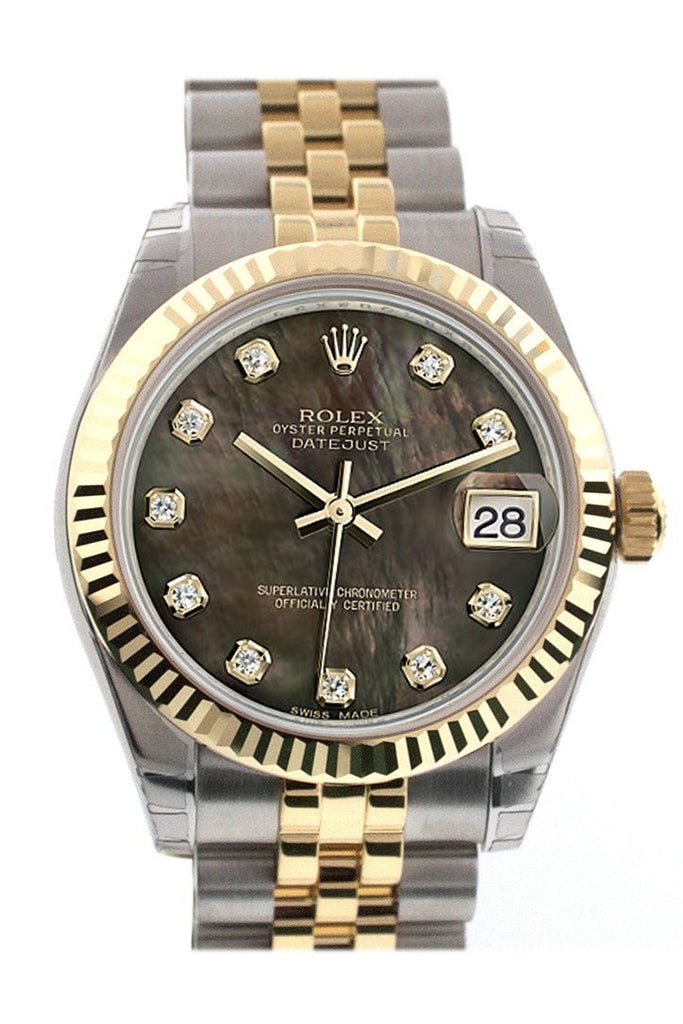 Rolex Datejust 31 Black Mother Of Pearl Diamonds Dial Fluted Bezel 18K Gold Two Tone Jubilee Ladies