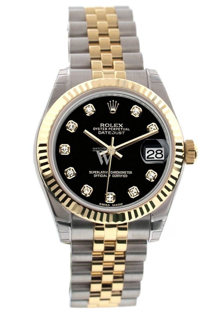 Rolex Datejust 31 Black Diamond Dial Fluted Bezel 18K Gold Two Tone Jubilee Ladies 178273 Watch