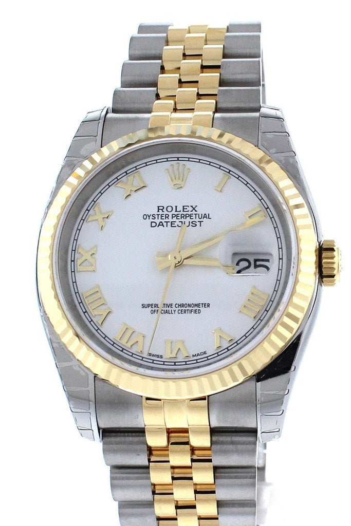 Rolex Datejust 36 White Roman Dial Fluted 18K Gold Two Tone Jubilee Watch 116233 None /