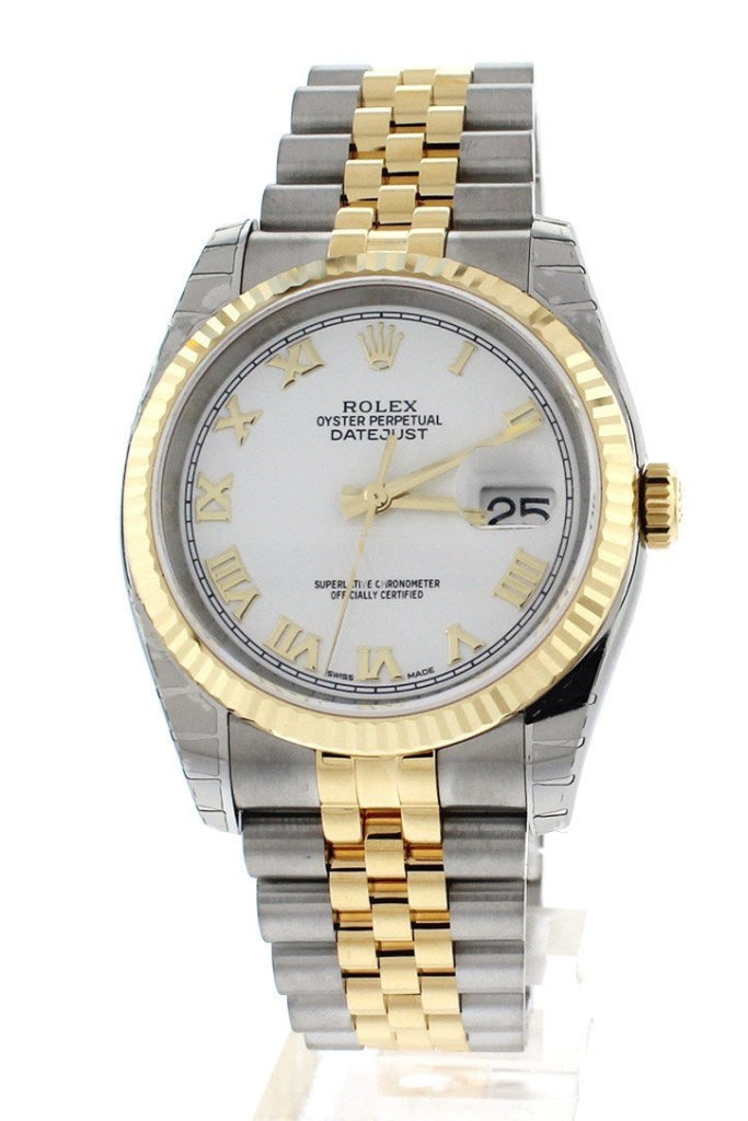 Rolex Datejust 36 White Roman Dial Fluted 18K Gold Two Tone Jubilee Watch 116233