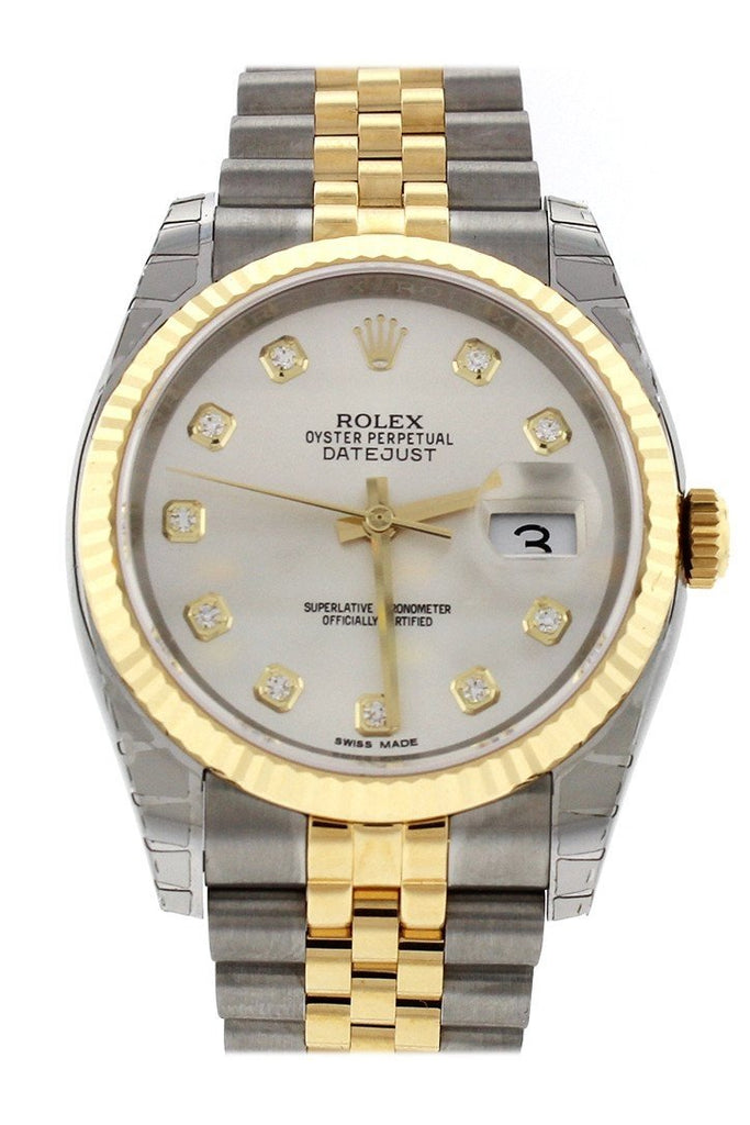 Rolex Datejust 36 Silver Diamond Dial Fluted 18K Gold Two Tone Jubilee Watch 116233