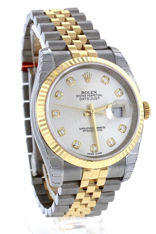 Rolex Datejust 36 Silver Diamond Dial Fluted 18K Gold Two Tone Jubilee Watch 116233