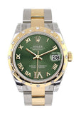 Rolex Datejust 31 Olive Green Roman Large Vi Diamond Dial Fluted Bezel 18K Gold Two Tone Ladies