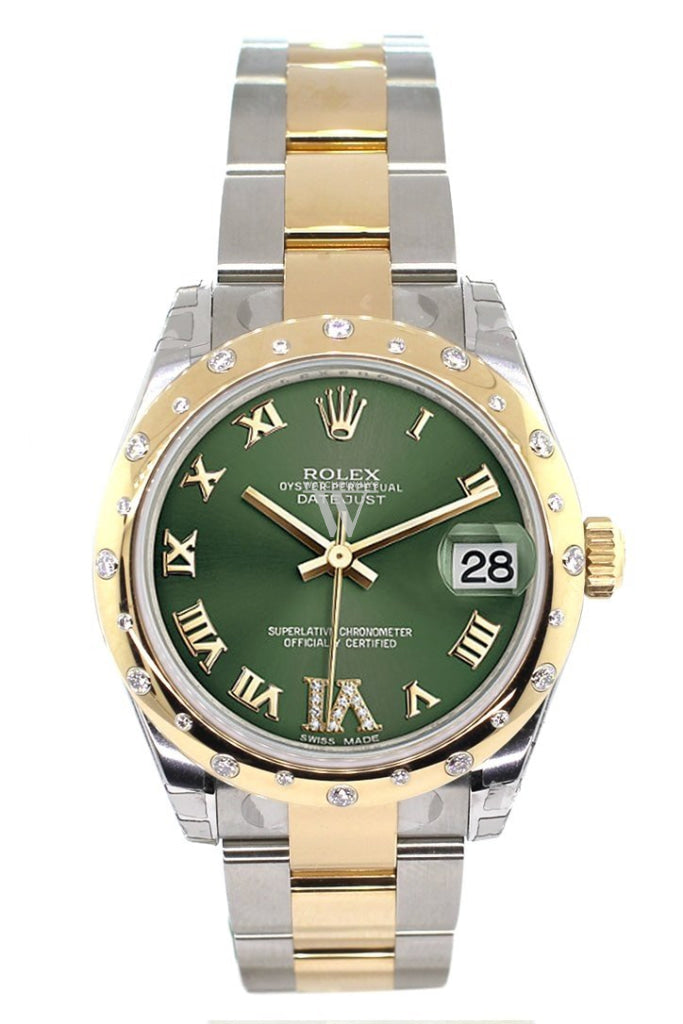 Rolex Datejust 31 Olive Green Roman Large Vi Diamond Dial Fluted Bezel 18K Gold Two Tone Ladies