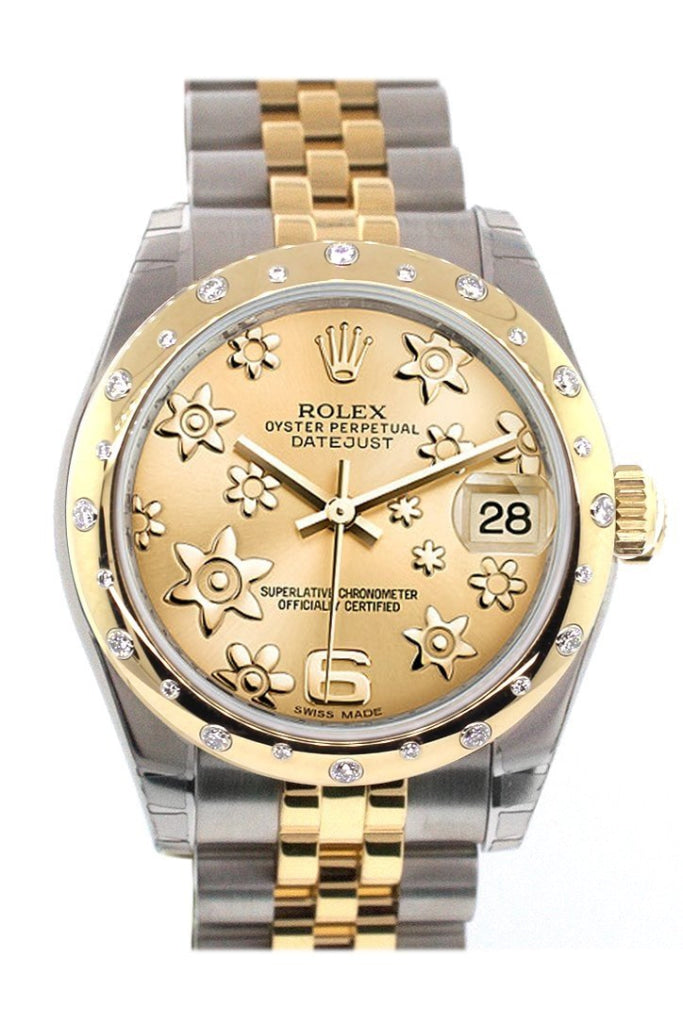 Rolex Datejust 31 Champagne Floral Motif Roman Dial Diamond Bezel 18K Gold Two Tone Jubilee Ladies