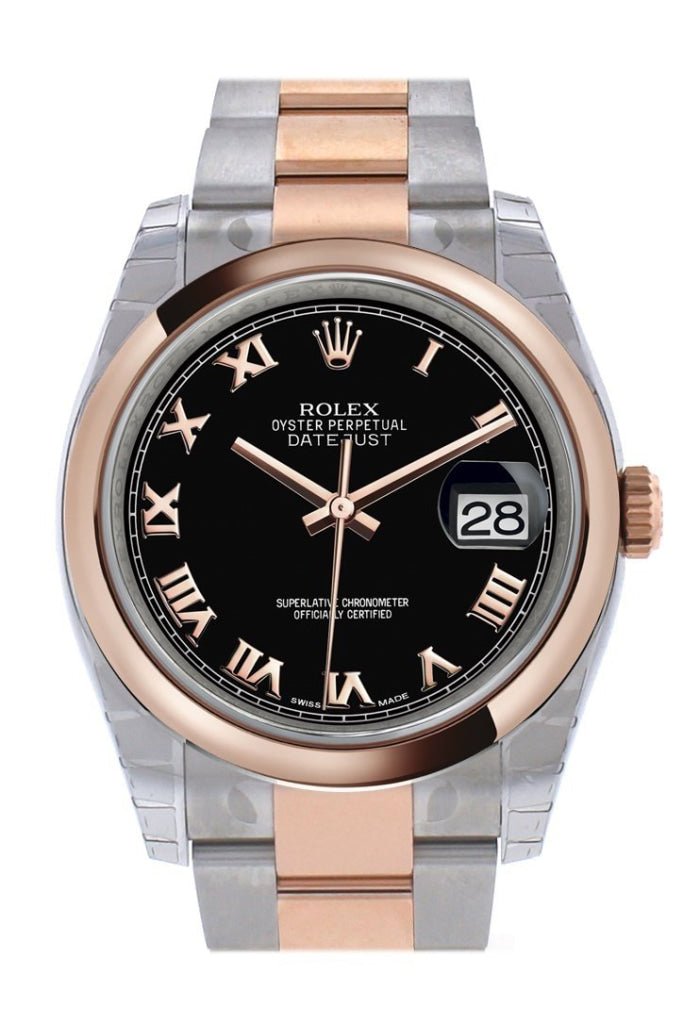 Rolex Datejust 36 Black Roman Dialsteel And 18K Rose Gold Oyster Watch 116201 / None