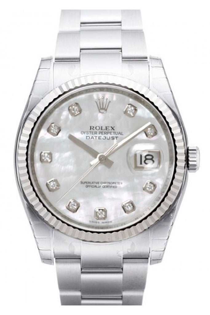 Rolex Datejust 36 White Mother Of Pearl Diamond Dial Steel And 18K Gold Ladies Watch 116234
