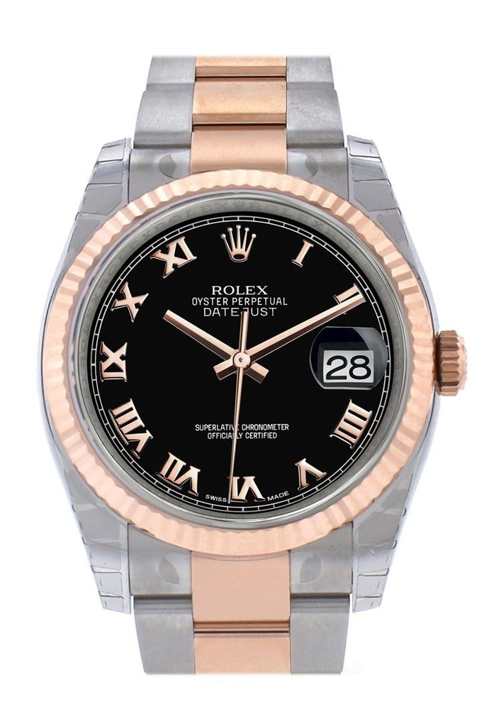 Rolex Datejust 36 Black Roman Dial Steel And 18K Rose Gold Mens Ladies Watch 116231