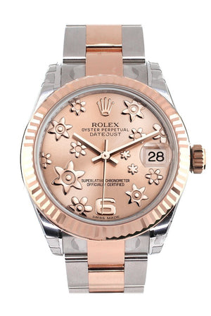 Rolex Datejust 31 Pink Raised Floral Motif Dial Fluted Bezel 18K Rose Gold Two Tone Ladies Watch