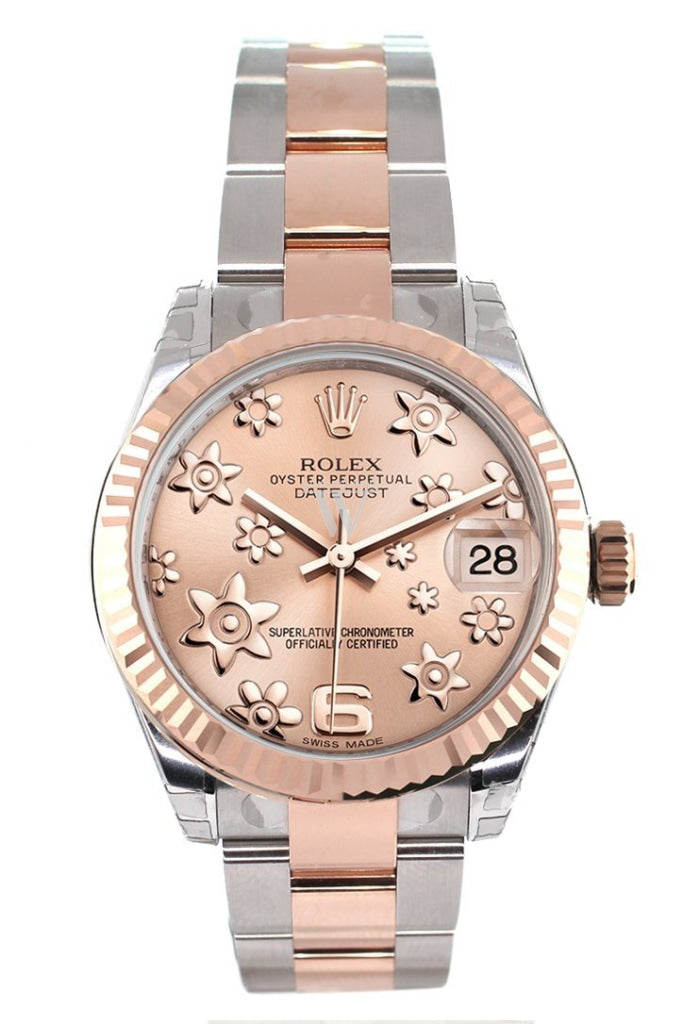 Rolex Datejust 31 Pink Raised Floral Motif Dial Fluted Bezel 18K Rose Gold Two Tone Ladies Watch