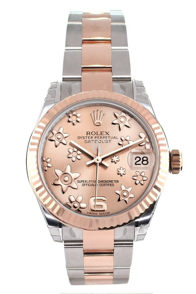 Rolex Datejust 31 Pink Raised Floral Motif Dial Fluted Bezel 18K Rose Gold Two Tone Ladies Watch
