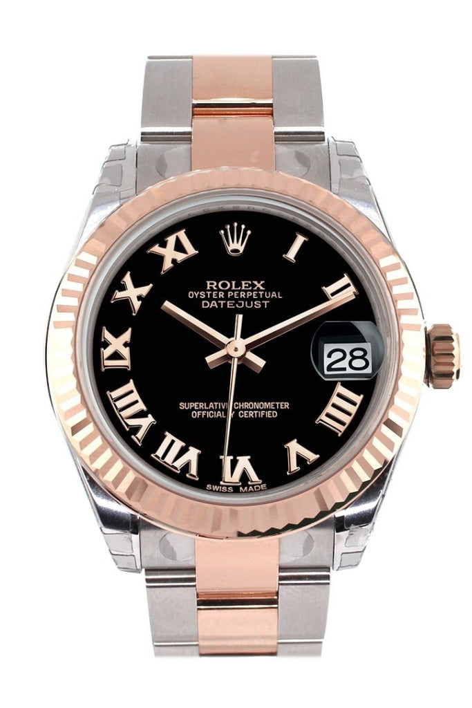 Rolex Datejust 31 Black Roman Dial Fluted Bezel 18K Rose Gold Two Tone Ladies Watch 178271 / None