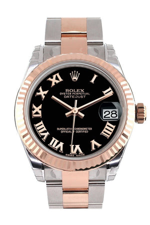 Rolex Datejust 31 Black Roman Dial Fluted Bezel 18K Rose Gold Two Tone Ladies Watch 178271 / None