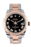 Rolex Datejust 31 Black Roman Dial Fluted Bezel 18K Rose Gold Two Tone Ladies Watch 178271