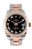 Rolex Datejust 31 Black Roman Dial Fluted Bezel 18K Rose Gold Two Tone Ladies Watch 178271