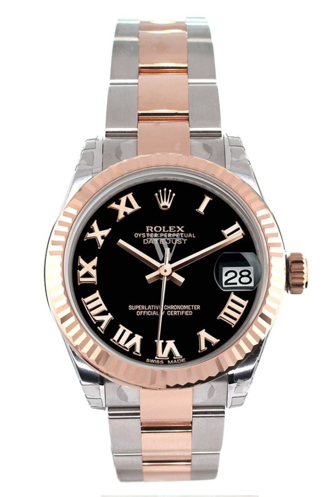 Rolex Datejust 31 Black Roman Dial Fluted Bezel 18K Rose Gold Two Tone Ladies Watch 178271