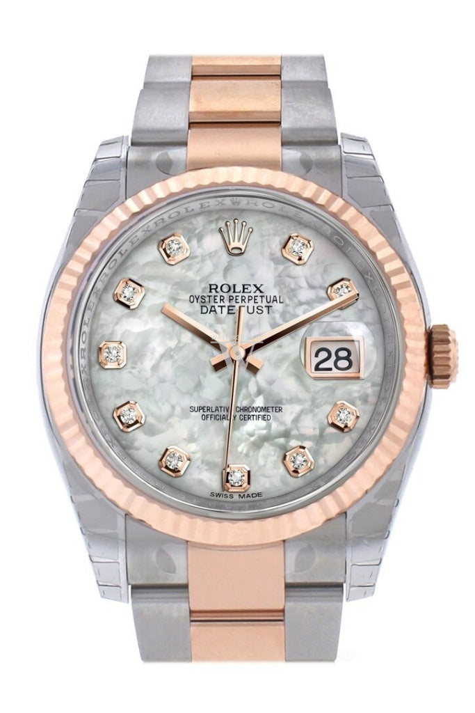Rolex Datejust 36 MOP Pearl set with diamonds Dial Fluted Steel and 18k Rose Gold Oyster Watch 116231 WatchGuyNYC
