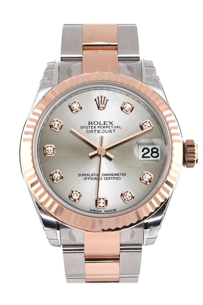 Rolex Datejust 31 Silver Diamond Dial Fluted Bezel 18K Rose Gold Two Tone Ladies Watch 178271 / None