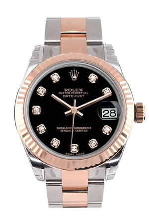 Rolex Datejust 31 Black Diamond Dial Fluted Bezel 18K Rose Gold Two Tone Ladies Watch 178271 / None