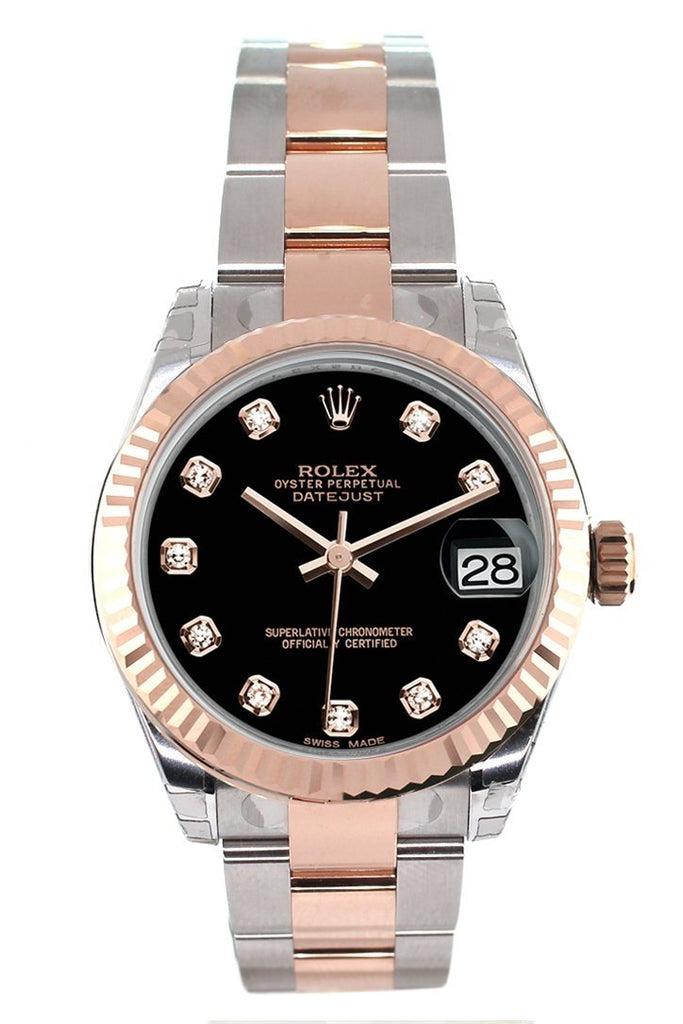 Rolex Datejust 31 Black Diamond Dial Fluted Bezel 18K Rose Gold Two Tone Ladies Watch 178271