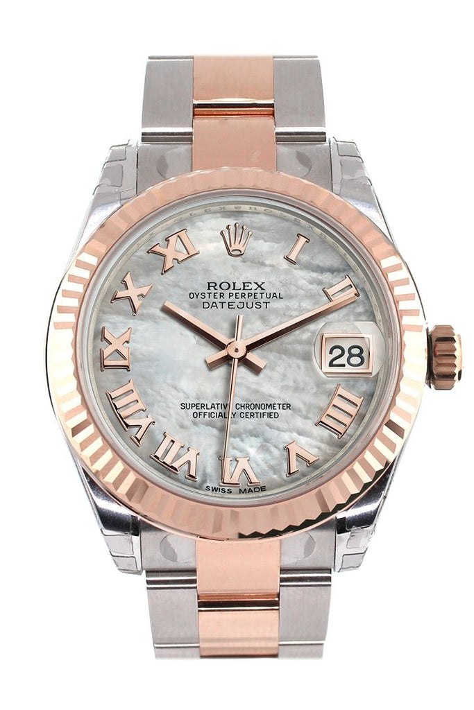 Rolex Datejust 31 White Mother Of Pearl Roman Dial Fluted Bezel 18K Rose Gold Two Tone Ladies Watch
