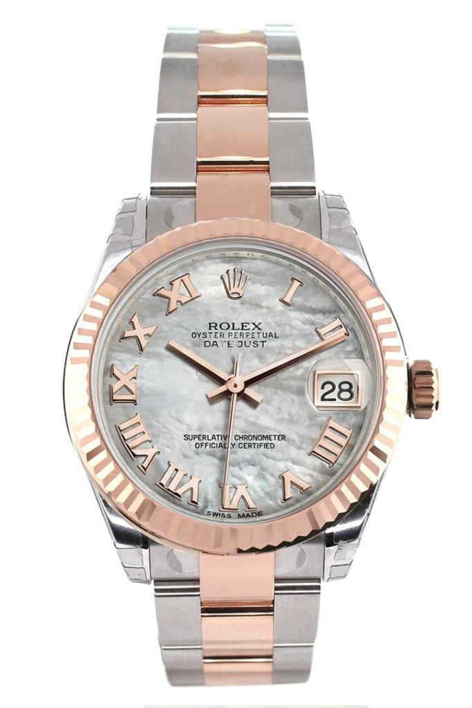 Rolex Datejust 31 White Mother Of Pearl Roman Dial Fluted Bezel 18K Rose Gold Two Tone Ladies Watch