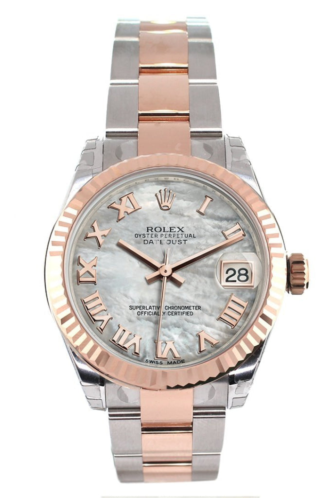Rolex Datejust 31 White Mother Of Pearl Roman Dial Fluted Bezel 18K Rose Gold Two Tone Ladies Watch